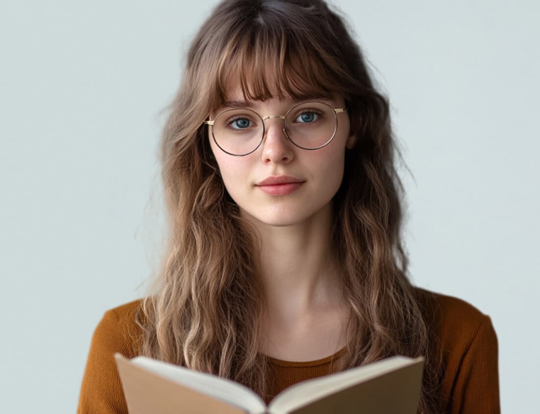 Eine junge Frau mit Brille, die in die Kamera schaut und ein offenes Buch in der Hand hält.