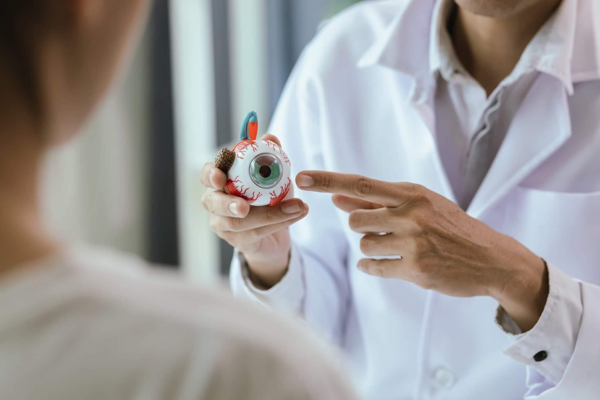 Augenärztin, die auf einem Versuchsinstrument (Auge) der Patientin die Behandlungsmethode zeigt