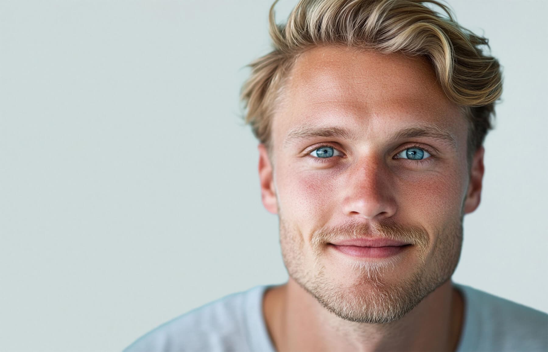 Junger, blonder Mann schaut leicht schmunzelnd in die Kamera