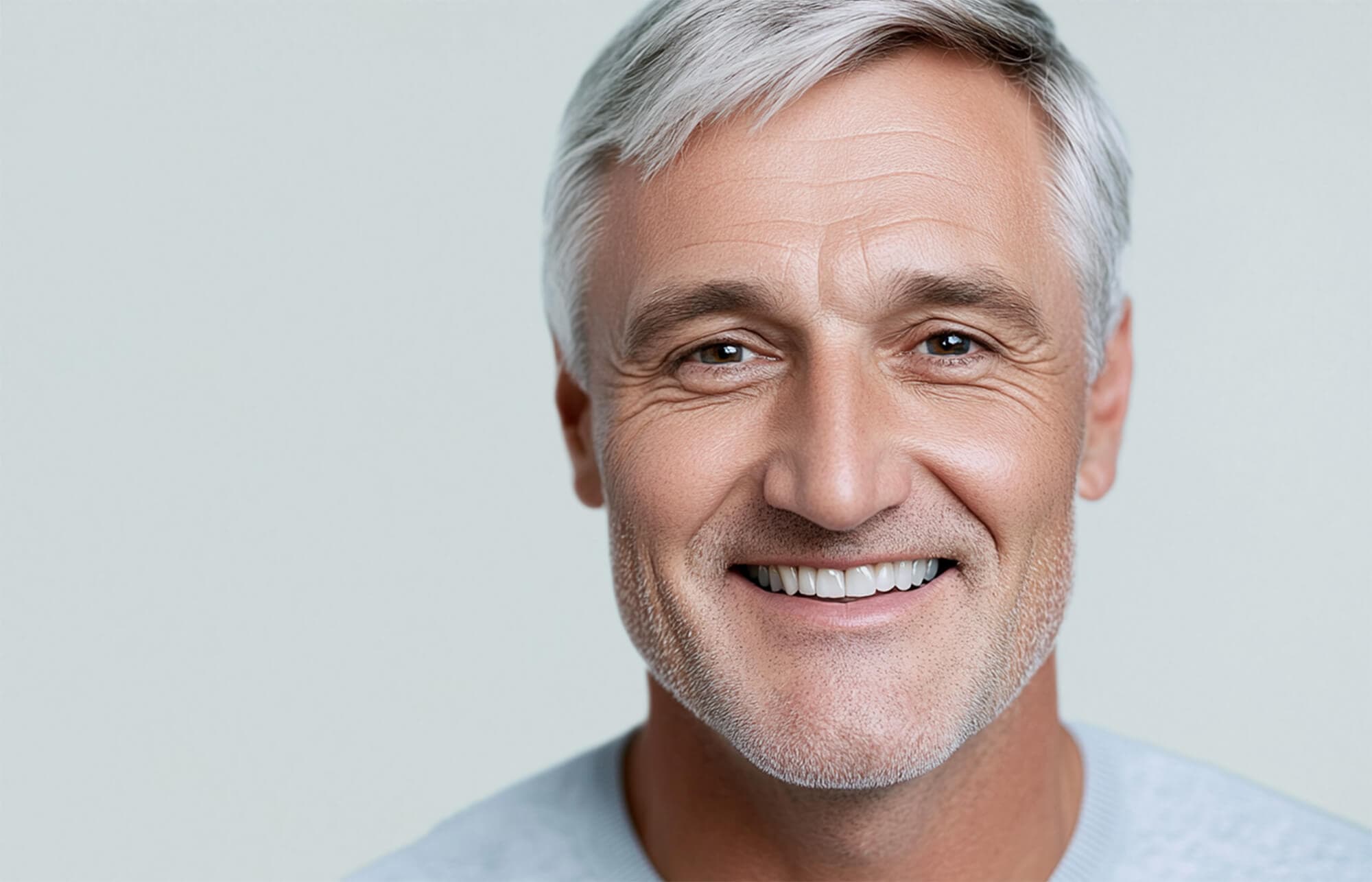 Älterer Herr mit grauen Haaren schaut grinsend in die Kamera