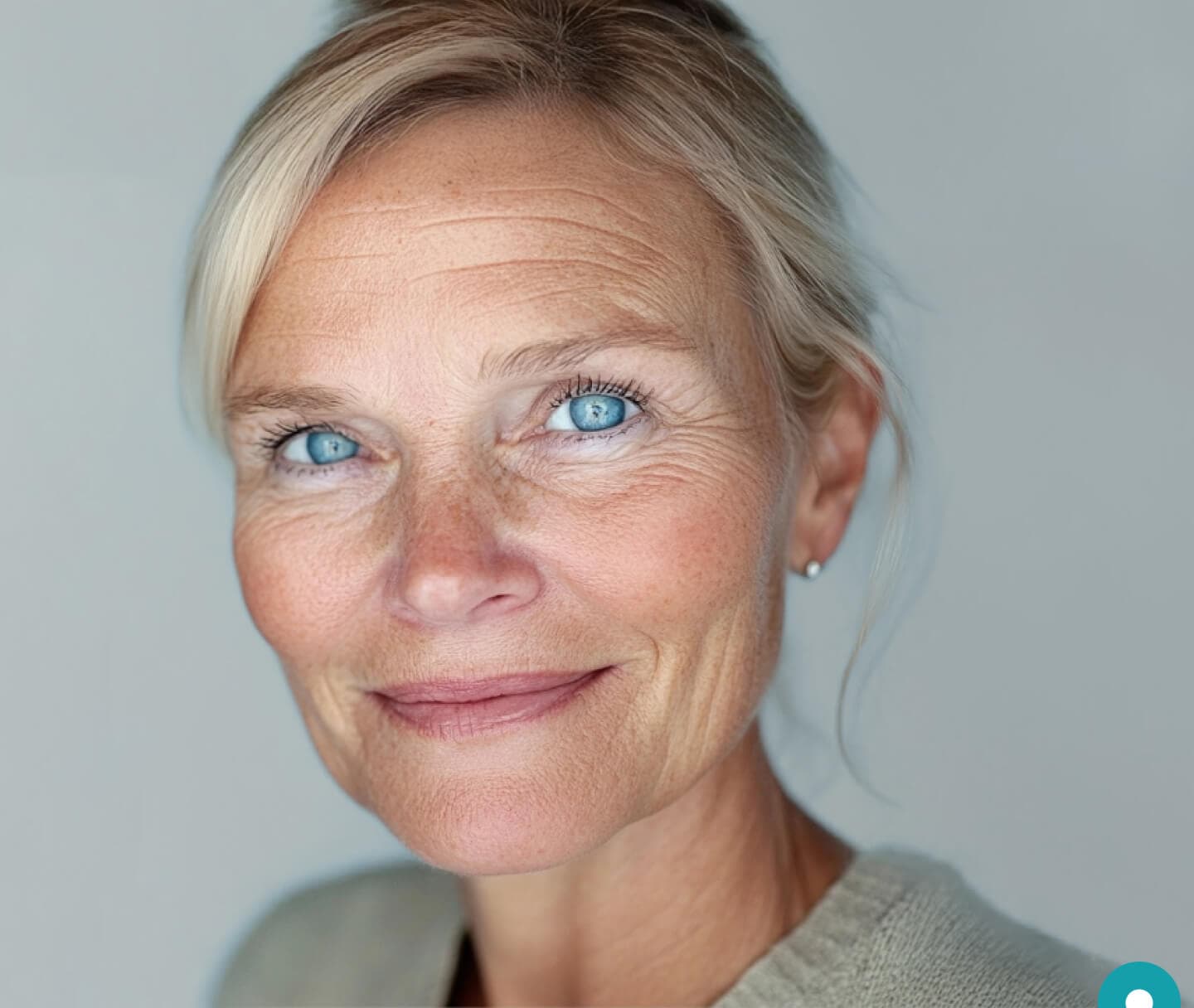 Frau mit blauen Augen schaut leicht schmunzelnd in die Kamera