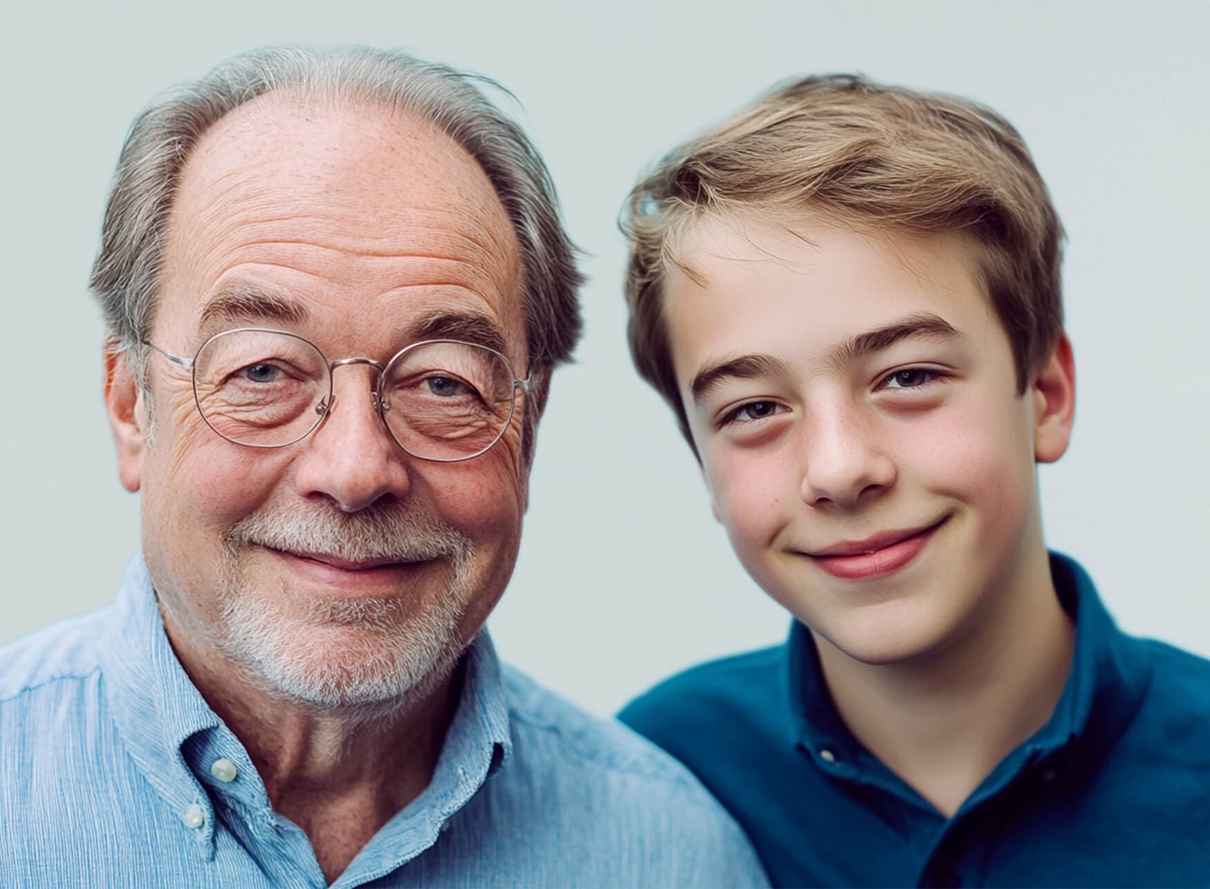 Älterer Mann mit Brille und Junge, beide lächelnd vor neutralem Hintergrund.