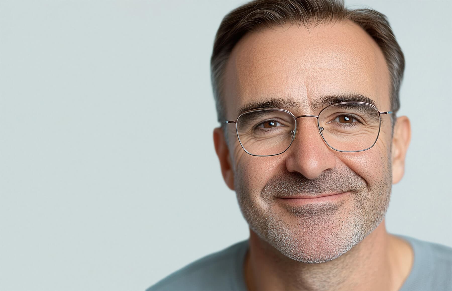 Lächelnder Mann mit Brille vor neutralem Hintergrund, Nahaufnahme.